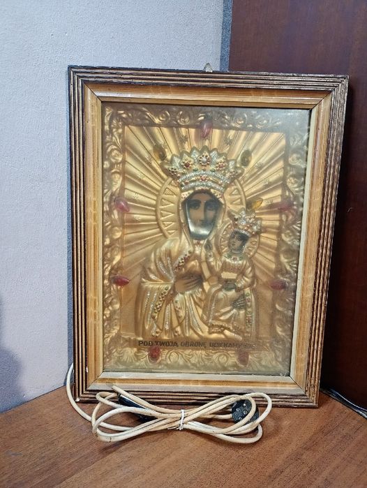 Vintage podświetlany obraz Matki Bożej z Dzieciątkiem | drewniana rama