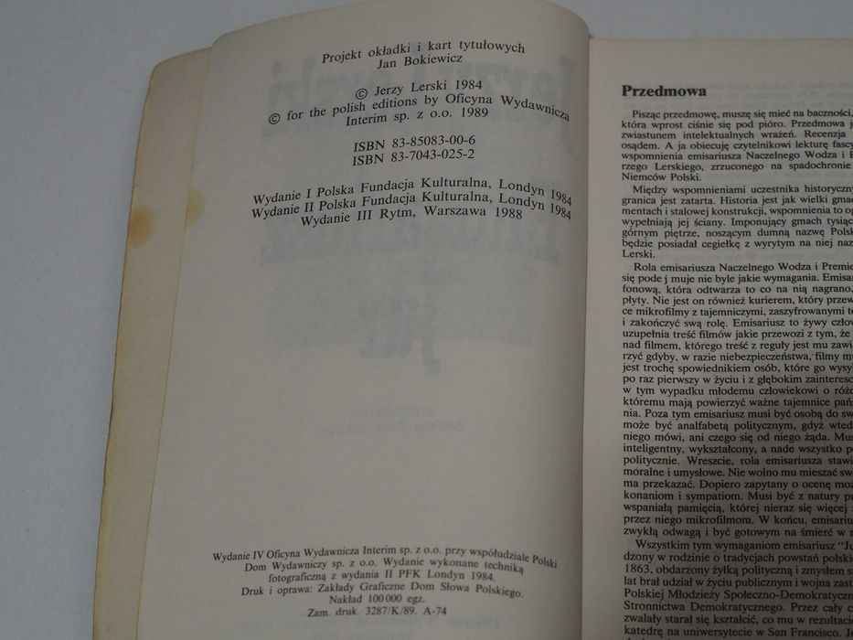 Jerzy Lerski Emisariusz Jur 1989r ksiazka