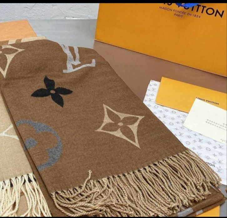 LV Louis Vuitton szal szalik chusta brąz szary kaszmir jedwab cashmere