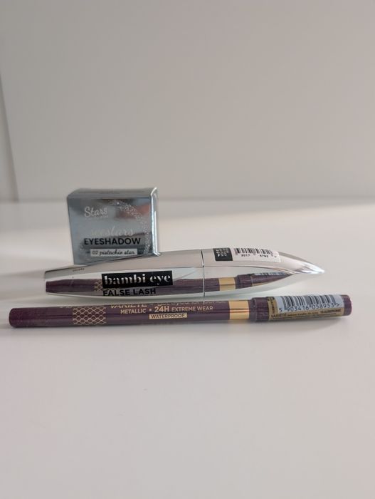 Tusz bambi eye, kredka Eveline variete, cień do powiek pistacjowy