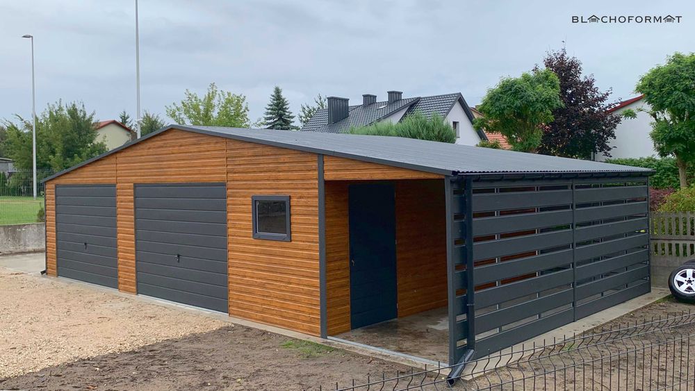Garaż drewnopodobny z wiatą panelową 11x6 rynny konstrukcja ocynk
