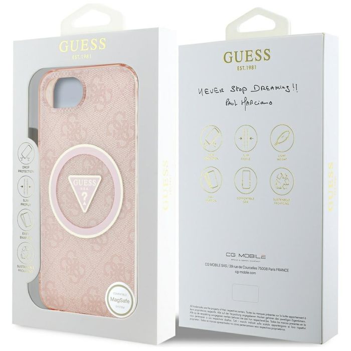 Etui Guess IML Metal Glitter 4G Triangle MagSafe do iPhone 16e różowy