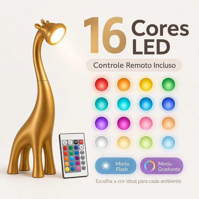 Candeeiro Girafa LED 50cm com Comando – 16 Cores | Gold, Preto ou Branco