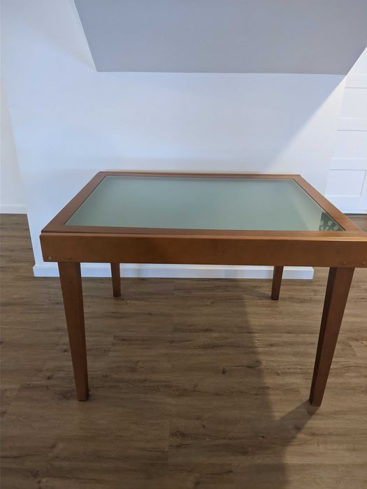 NOVO PREÇO Mesa de jantar extensível, 2 tampos em vidro + 4 cadeiras