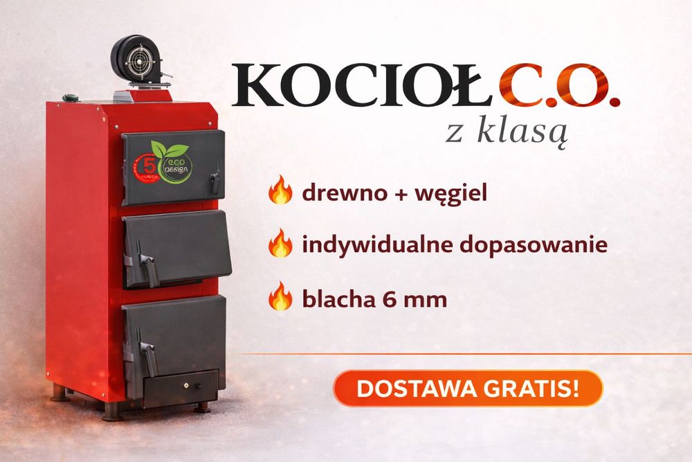 Kocioł C.O. 27kW na drewno i węgiel, piec 4 kanałowy, duży zasyp, szybka dostawa 48h