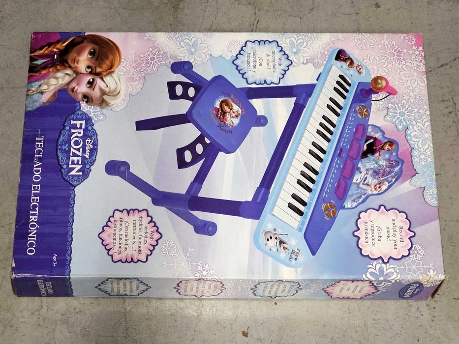 Piano Disney Frozen - teclado eletrónico com microfone e banco, completo na caixa