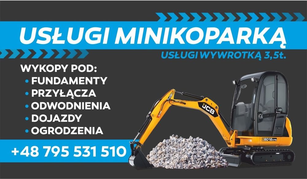 Uslugi minikoparką, prace ziemne, minikoparka, transport 8,5tWIERTNIC