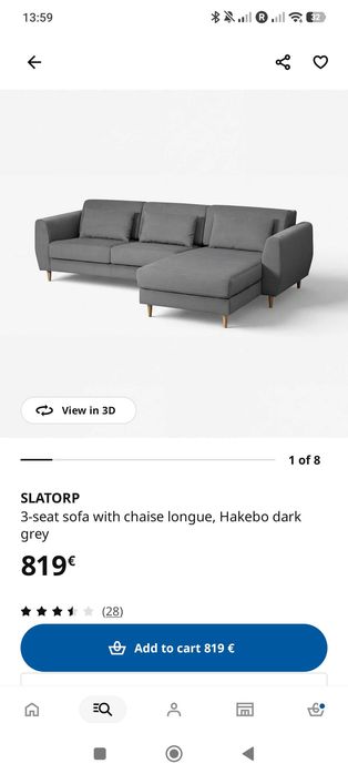 Sofa - IKEA Slatorp 3 seat with chaise - light grey