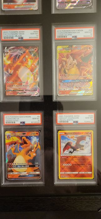 Moldura com 9 slabs de cartas Pokémon Charizard psa 10