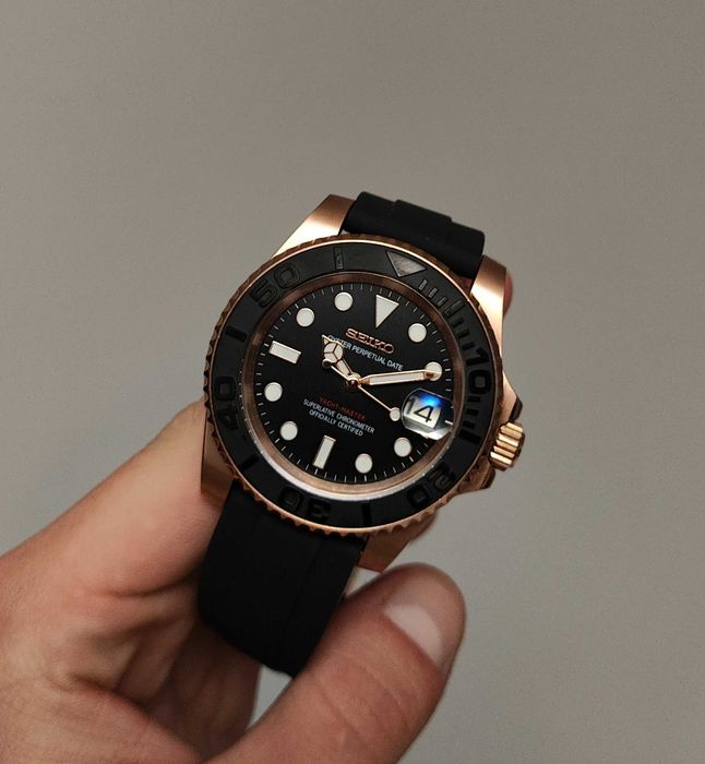 Seiko MOD Yacht-Master Rose Gold Czarny Rubber Gumowy Custom NOWY Men