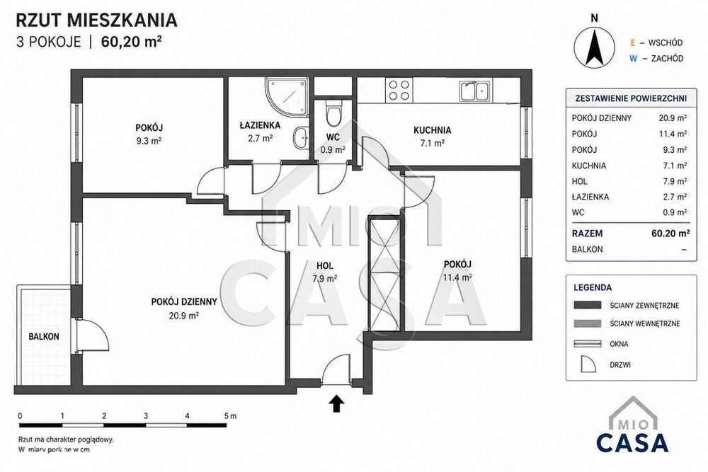 61 m² | 3 niezależne pokoje | 1.piętro | balkon