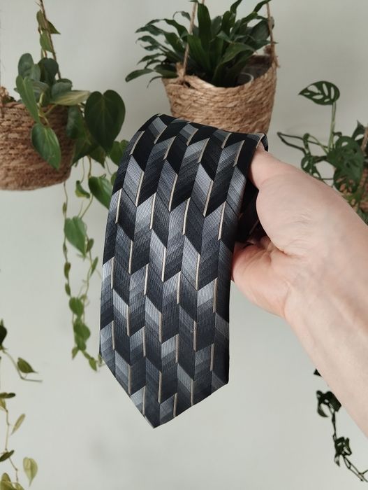 Męski jedwabny krawat 100% silk, szary geometryczny wzór, 10 cm, Rober