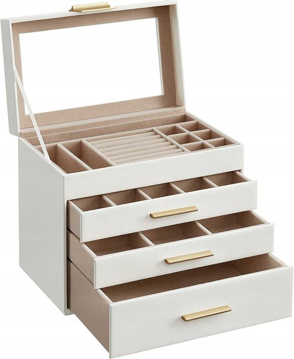 Szkatułka na biżuterię 4 poziomy z szybą i szufladami biała