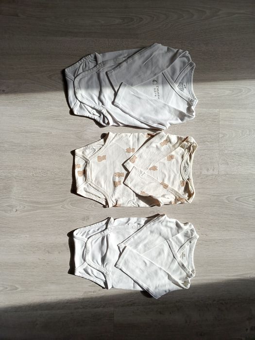 Zestaw 3 body z długim rękawem białe i kremowo beżowe w misie H&M 68cm