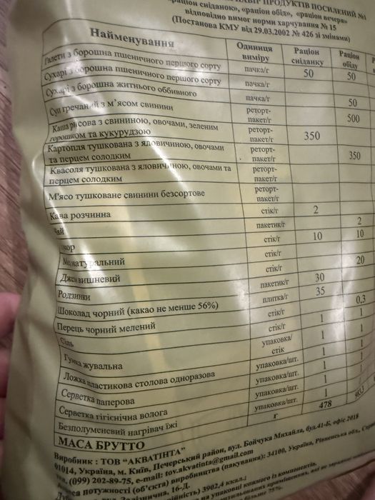 Добовий польовий набір посилений №1, 2 (сухпайок)