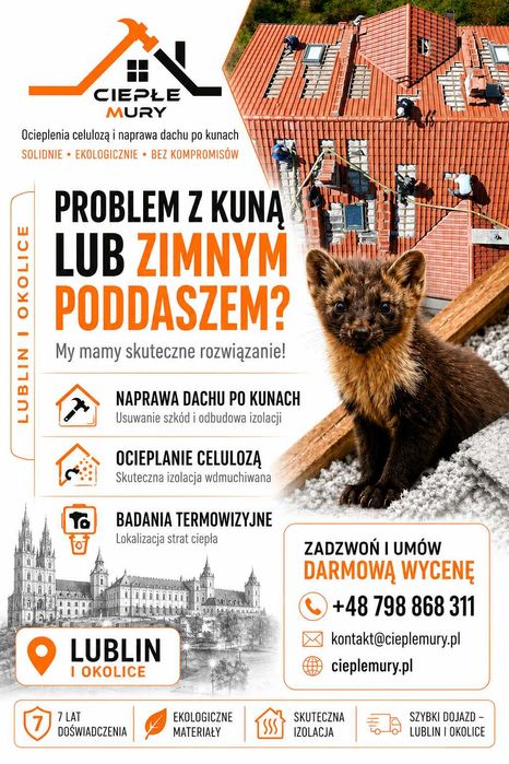 Naprawa dachu po KUNIE LUBLIN - Naprawa dachu PO KUNACH, ocieplenia CELULOZĄ
