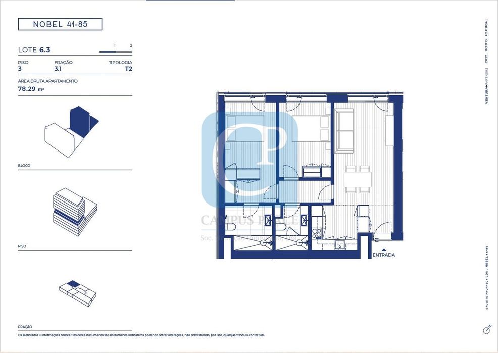 Apartamento tipologia T2 em construção, no Empreendimento Nobel 41-85