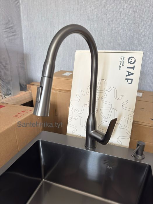 Смеситель для кухни латунный Qtap графит с вытяжной лейкой