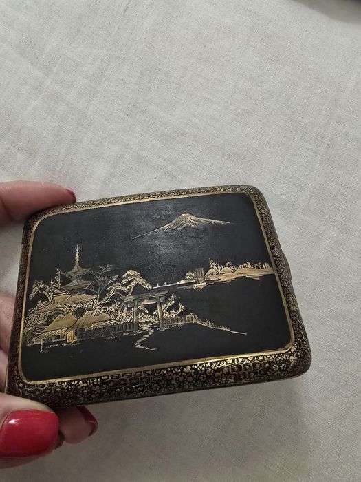 Cigarreira Antiga Japonesa Damasquinada Ouro K24 Monte Fuji