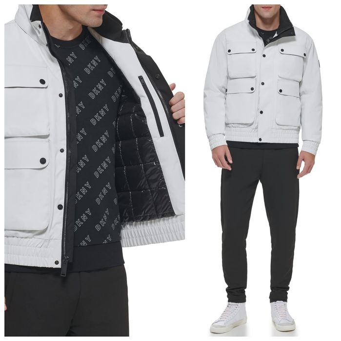 DKNY XL markowa czarno-biała kurtka ocieplana wodoodporna z kapturem