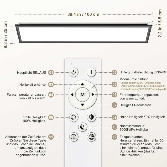 Painel LED de Teto 100×25cm Dimmável com Comando – 36 W, 3600 lm, Novo