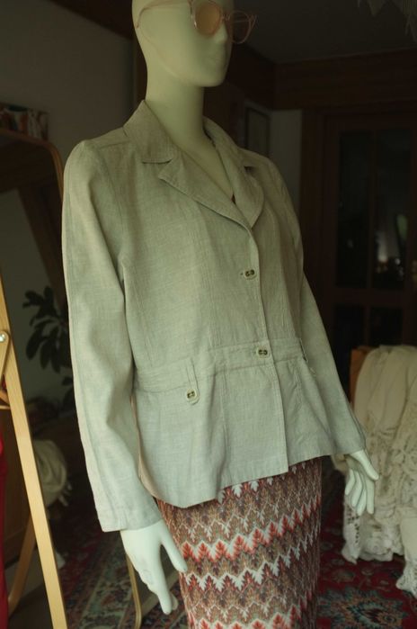 Ekskluzywny kremowy lniany żakiet boho etno ecru len 46