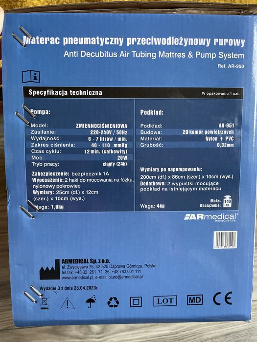 Materac pneumatyczny przeciwodlezynowy Rurowy