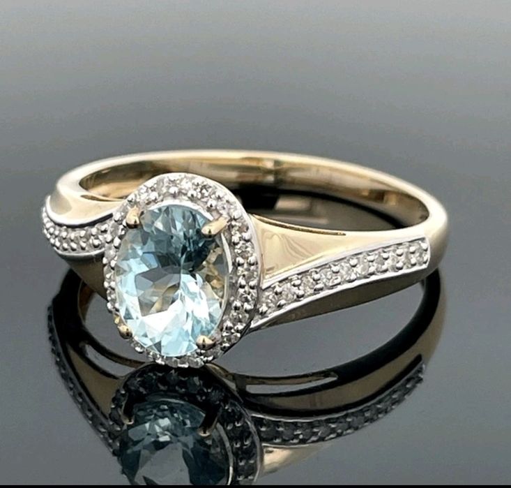 NOWY piękny złoty pierścionek z Akwamarynem i diamentami