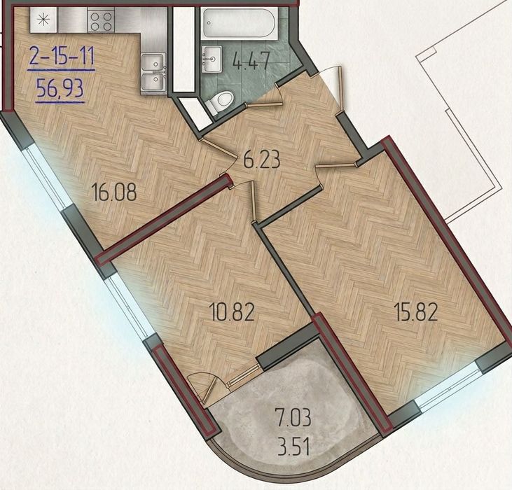 .Kadorr City | 2-кімнатна 57 м² | 15 поверх | Вид на іподром