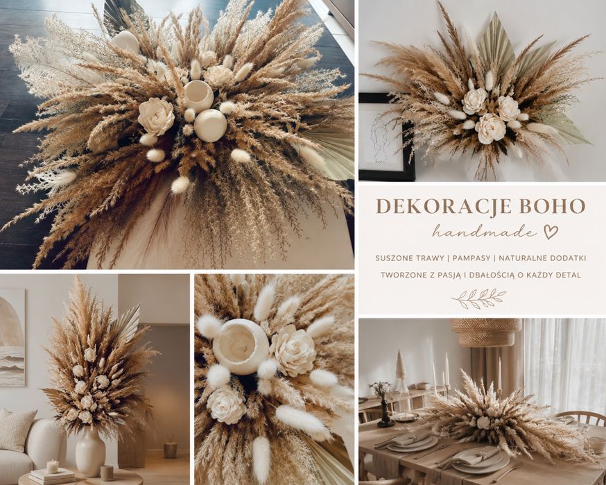 Dekoracja boho XXL handmade – pampasy i suszone trawy
