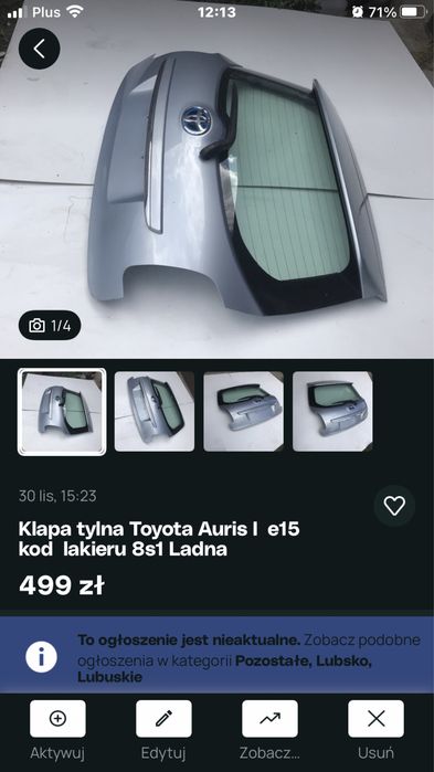 Klapa bagażnika toyota auris I hybrid E15 polift kod kakieru 1f7