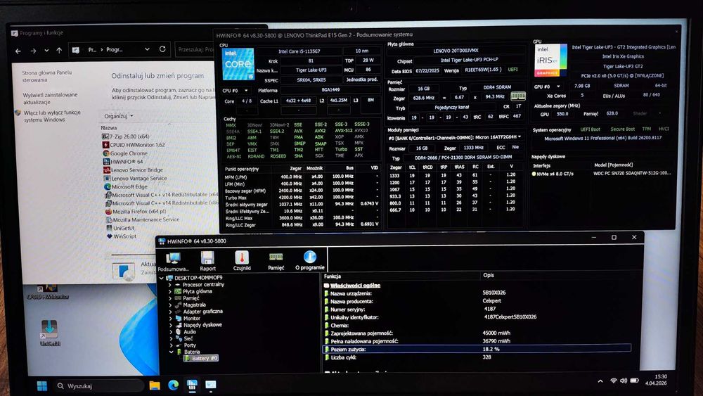 Laptop Lenovo E15 G2 I5/16GB/500GB/Iris Xe/W11Pro