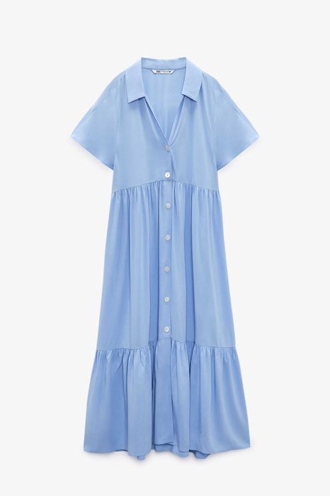(NOVO C/ ETIQUETA, PORTES GRÁTIS) ZARA: Vestido Comprido Azul Abotoado