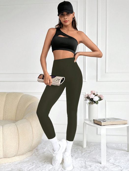 Legginsy Basic Z Wysokim Stanem Zielone Casual Shein S 36