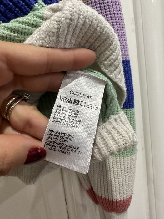 Свитер полосатый вязка фиолетовый молочный синий розовый