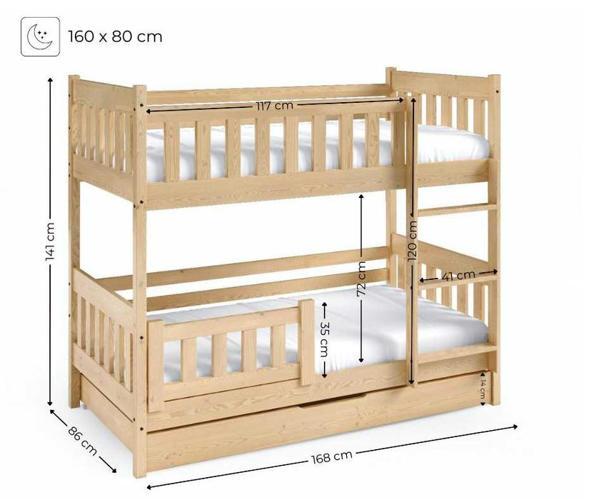 Piętrowe łóżeczko dla dzieci LILA 160x80 cm z drewna sosnowego!