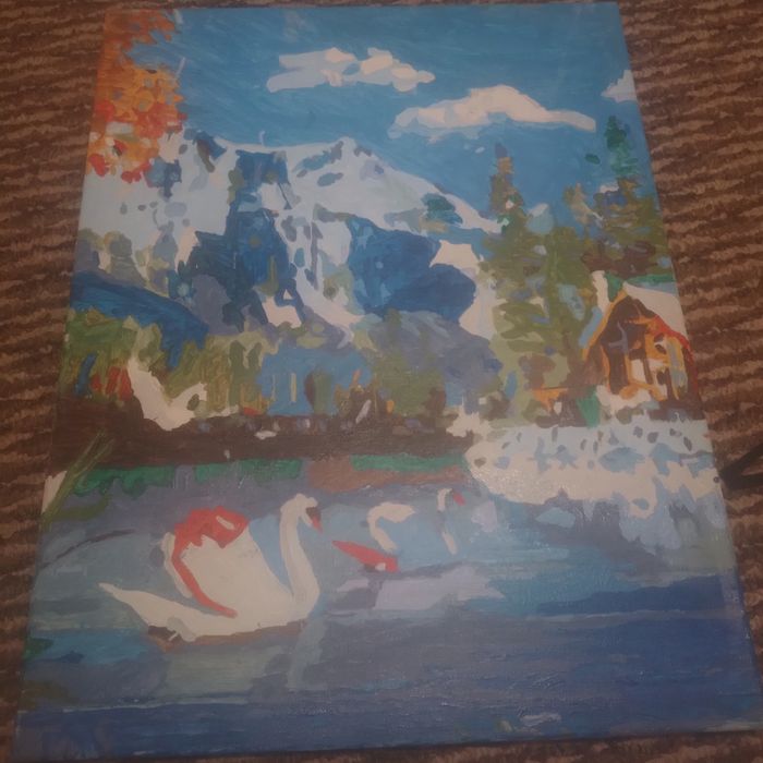 Картина по номерам “Гори, озеро та лебеді”