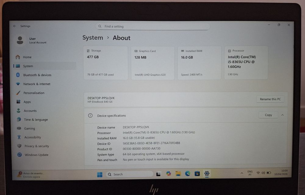 Desktop HP Elitebook i5-8365U
Intel Core i5-8365U 1.6 GHz 1.90 GHz
RAM