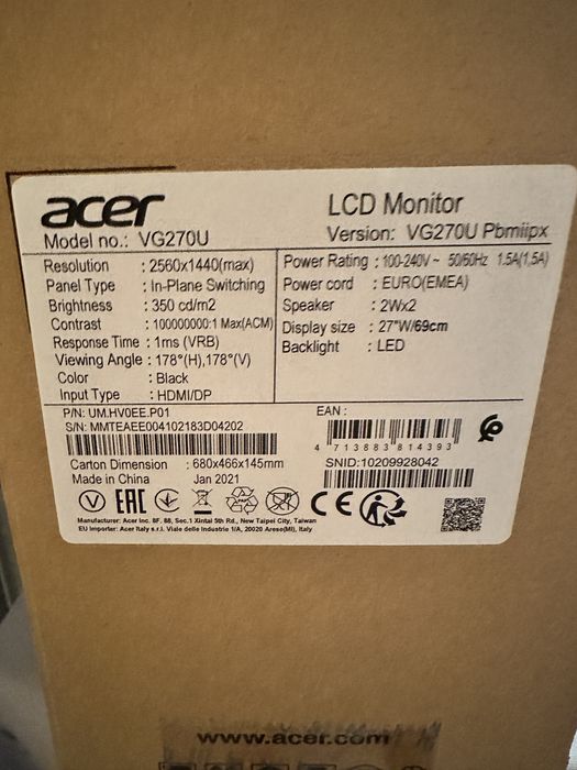 Monitor Acer vg270u 2k