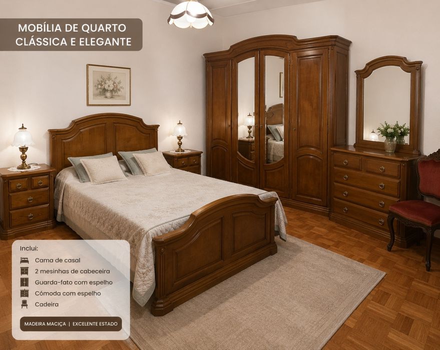 Mobília de Quarto de Casal Completa em Madeira Maciça Clássica