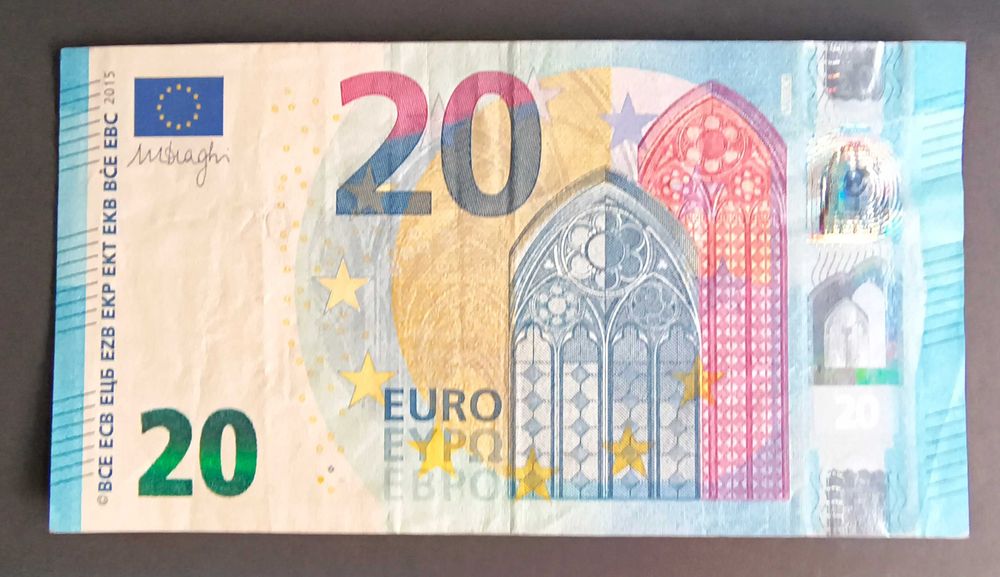 Nota de 20 Euros Com Erro na Barra Vertical Branca do selo