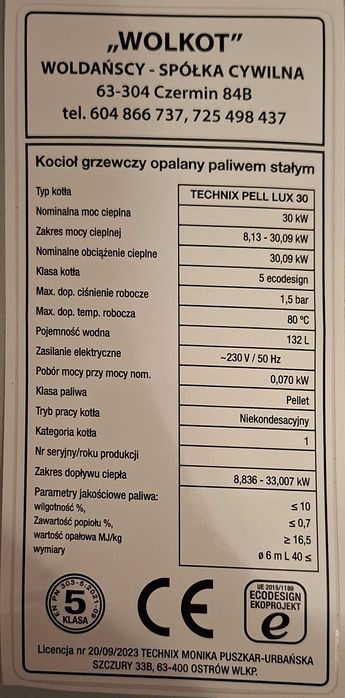 Kocioł piec 30kW pellet 5klasa WOLKOT dotacja kotły Technix
