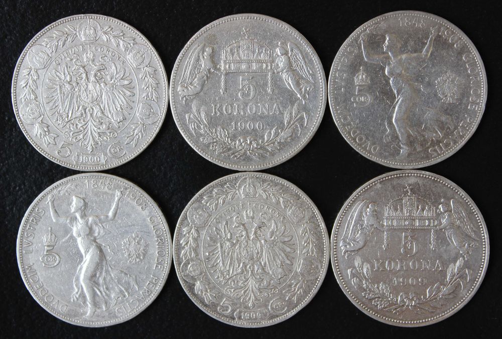 монета 5 крон(корон) 1900,1908,1909 года Австро-Венгрия