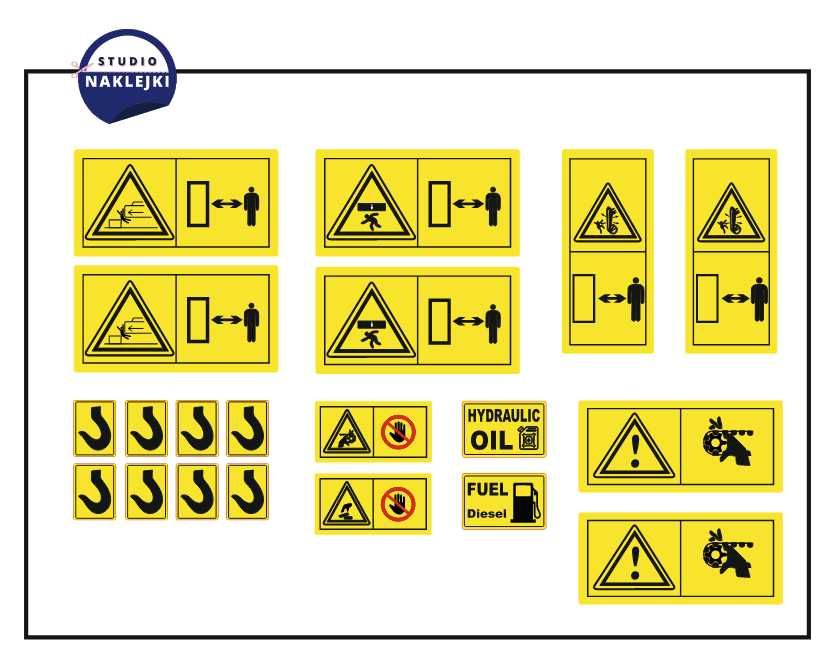 Naklejki Piktogramy ostrzegawcze na koparkę ładowarkę Nalepki Komplet