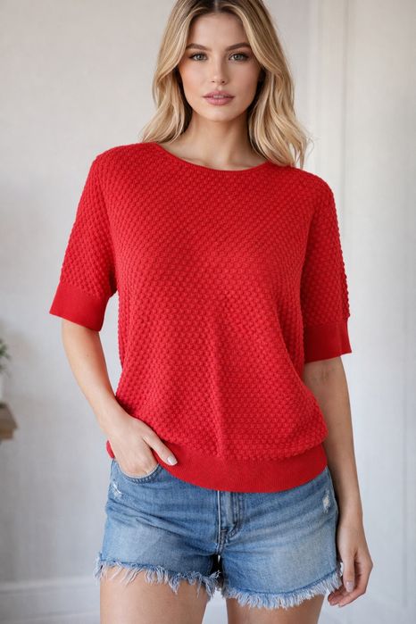 Sweter damski bawełniany z krótkim rękawem czerwony M