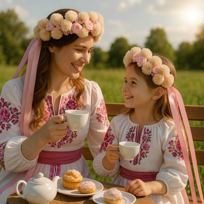 Віночок ручної роботи з помпонами та трояндами яскравий пухнатий ніжни