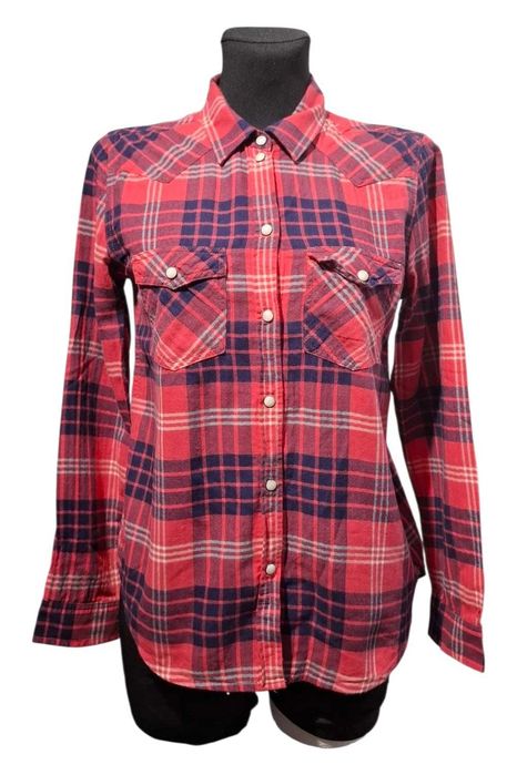 Koszula flanelowa kratę American Eagle S Boyfriend Fit 100% Bawełna Czerwono-Granatowa