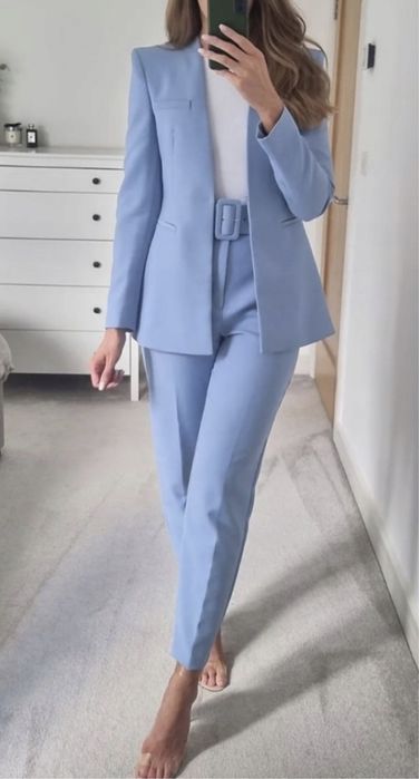 Niebieski jasnoniebieski garnitur spodnie + marynarka XS S ZARA