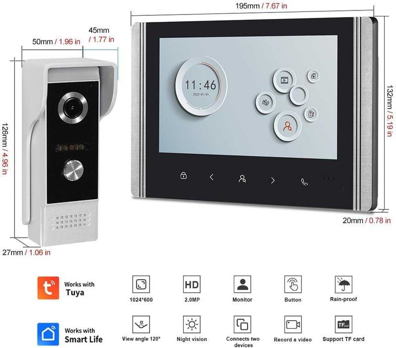 Inteligentny wideodomofon z kamerą 1080P HD i monitorem, 7-calowym