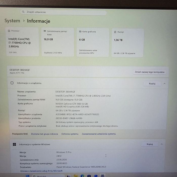 Laptop  Gamingowy Acer Aspire  A717